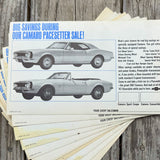 10 WHOLESALE 1967 Chevrolet CAMARO PACESETTER Indi 500 PACE CAR Ad Postcard LOT