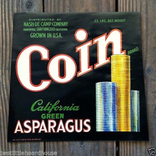 COIN ASPARAGUS Vegetable Crate Box Label 1950s