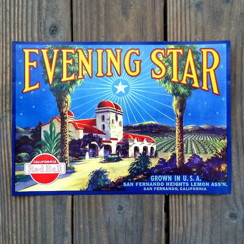 EVENING STAR Red Ball Citrus Crate Box Label 1930s 
