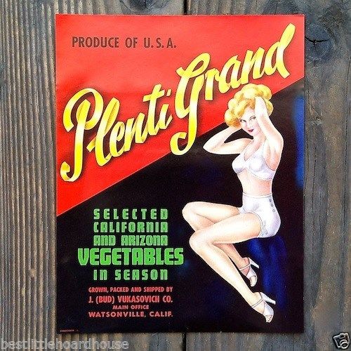 PLENTI GRAND Vegetable Crate Label 1950s