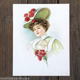 RED CARNATION EASTER HAT Victorian Lithograph Print 1908
