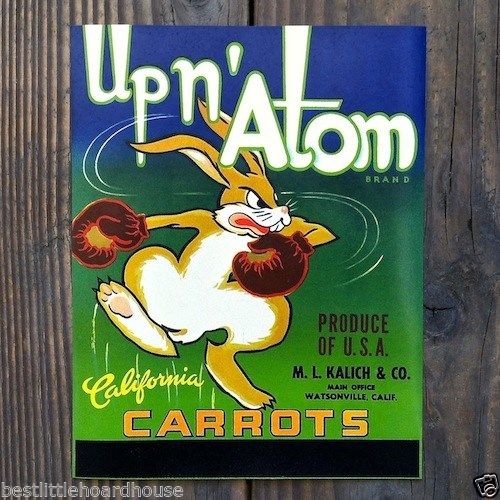 Upn' Atom CARROTS Vegetable Crate Label 1950s