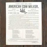 AMERICAN COW MILKER Instructional Phamplet 1867