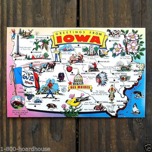 IOWA STATE Map Postcard 1970s