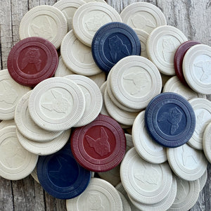55 WHOLESALE Vintage 1930s Clay FRENCH BOXER BULLDOG Puppy Poker Game Chips LOT