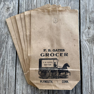 6 WHOLESALE Delivery Ad 1920s F B GATES GROCER Paper Grocery Bag Plymouth CT LOT