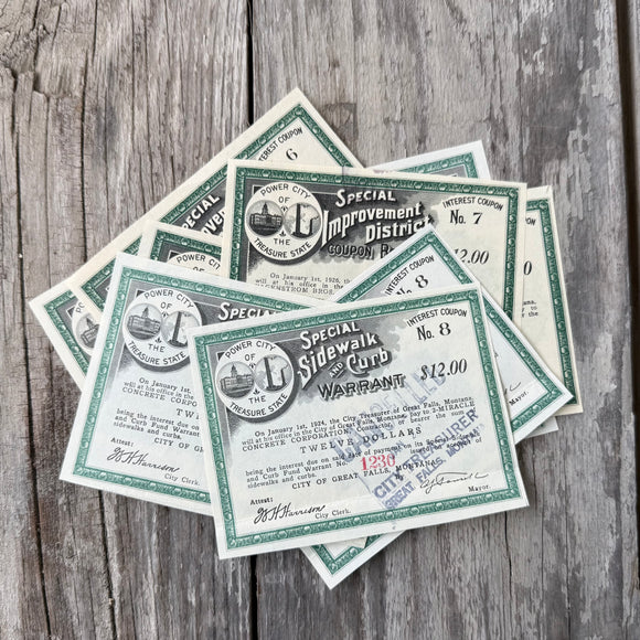 11 Antique 1920s GREAT FALLS MONTANA Improvement District BOND COUPON Lot