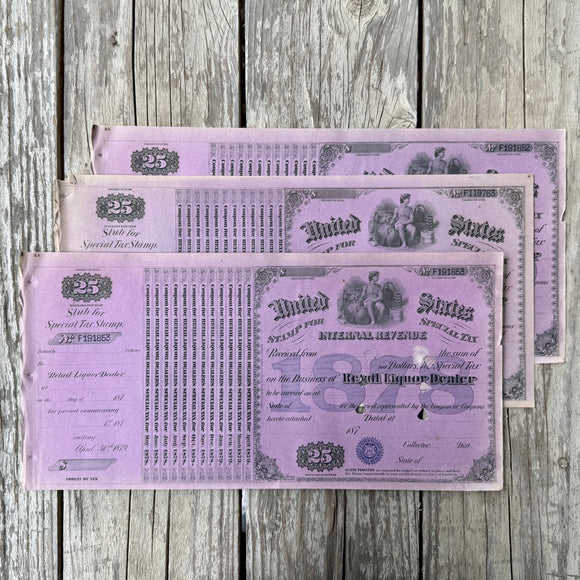 3 Vtg 1878 US Internal Revenue Retail LIQUOR DEALER LICENSE Tax Certificate LOT