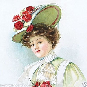 RED CARNATION EASTER HAT Victorian Lithograph Print 1908