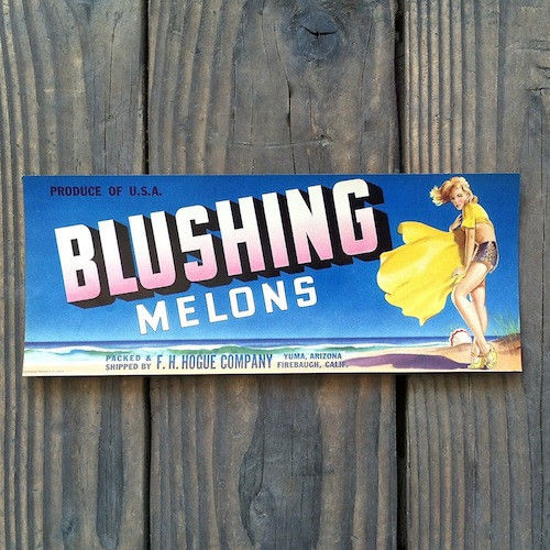 BLUSHING MELONS Pinup Fruit Crate Box Label 1940s