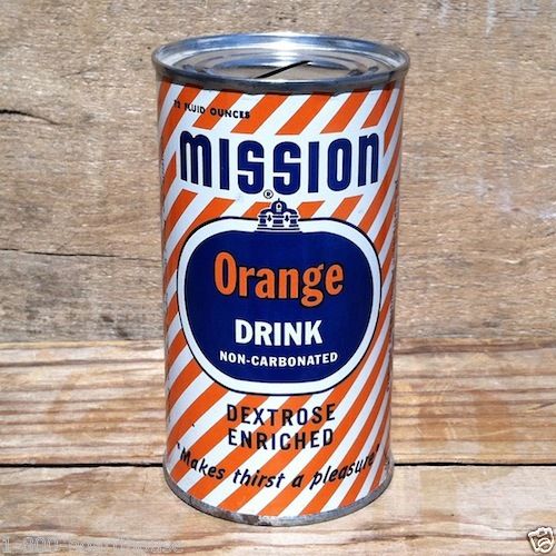 MISSION ORANGE SODA Tin Can BANK 1954