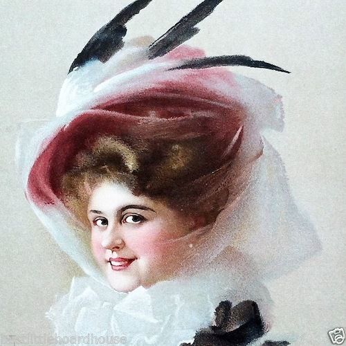 FEATHER HAT Victorian Stone Lithograph Print from 1910