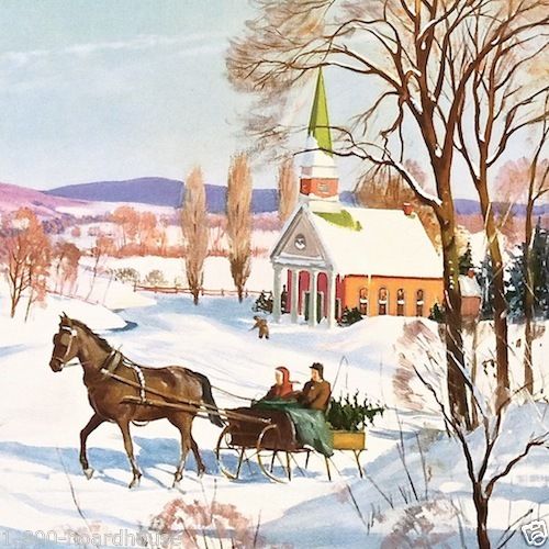 WINTER SCENE Horse Buggy Ride Snow Print 1930s