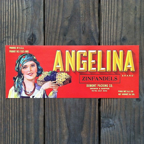 ANGELINA ZINFANDELS Grape Crate Label 1940s
