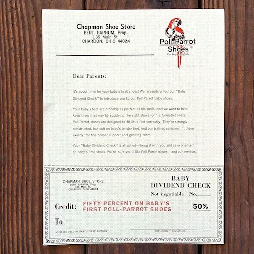 POLL PARROT Shoes Stationary Dividend Coupon Check 1962