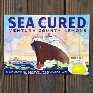 SEA CURED SUNKIST LEMON Citrus Crate Box Label 1930s