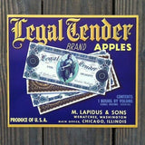 LEGAL TENDER APPLES Fruit Crate Box Label 1940s