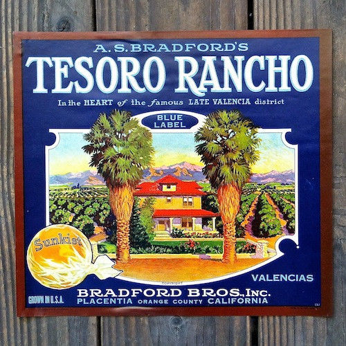 TESORO RANCHO SUNKIST Orange Crate Box Label 1930s
