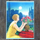 LADY ARRANGING ROSES Art Lithograph Print 1920s