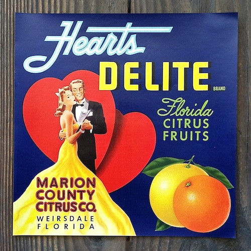 HEARTS DELITE Citrus Fruit Crate Box Label 1940s
