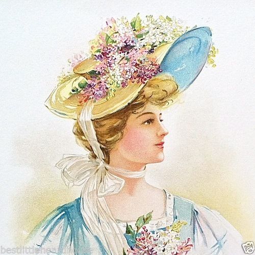 Wild Flowers EASTER HAT Victorian Lithograph Print 1908