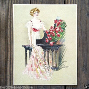 GRAND PIANO Victorian Stone Lithograph Print 1909