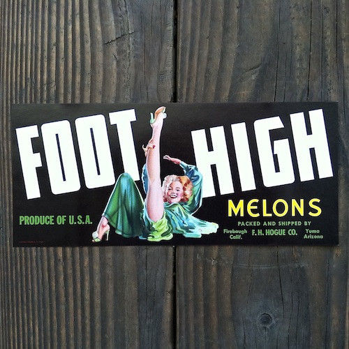 FOOT HIGH MELONS Fruit Crate BLACK Box Label 1940s 