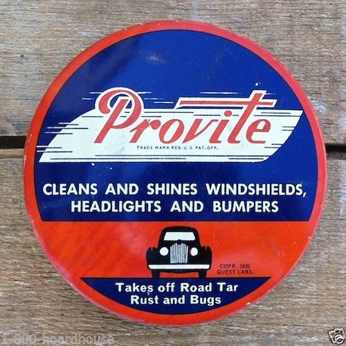 PROVITE WINDSHIELD HEADLIGHT Window Cleaner Tin 1936