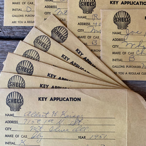 10 Orginail SHELL GASOLINE Gas Station Key Envelopes 1950s