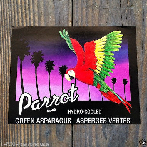 PARROT GREEN ASPARAGUS Vegetable Crate Box Label 1970s