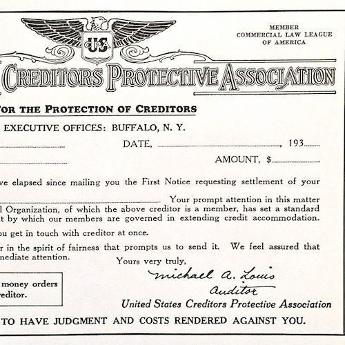 CREDITORS PROTECTIVE ASSOCIATION Debt Certificate 1930s