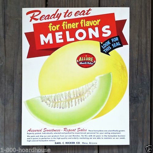 ALLURE MELONS Store Cardboard Sign 1950s