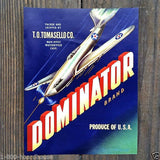 DOMINATOR VEGETABLE Bomber Plane Crate Can Label 1940s