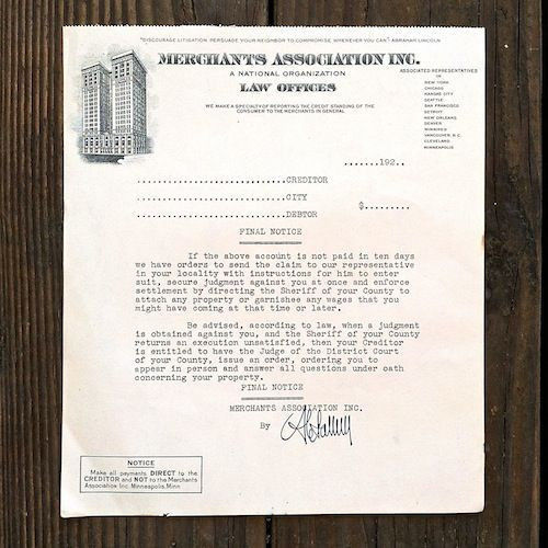 DEADBEATS FINAL NOTICE Paper Certificate 1930s