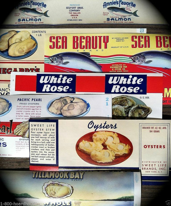 OYSTERS SALMON FISH Can Label Collection 1930s 