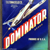 DOMINATOR VEGETABLE Bomber Plane Crate Can Label 1940s