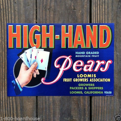 HIGH-HAND PEARS Fruit Crate Box Label 1960s