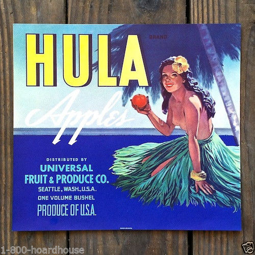 HULA APPLES Hawaiian Fruit Crate Box Label 1950s