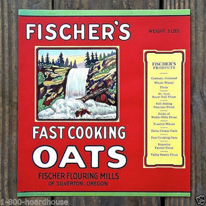 FISCHER'S FAST COOKING OATS Breakfast Cereal Box Label 1920s