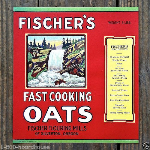 FISCHER'S FAST COOKING OATS Breakfast Cereal Box Label 1920s