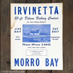 IRVINETTA FISHING CRUISER Cardboard Sign 1960s