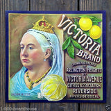 QUEEN VICTORIA LEMON Citrus Crate Fruit Label 1920s