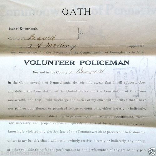 VOLUNTEER POLICEMAN Oath Certificate 1910s