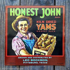 HONEST JOHN YAMS Vegetable Crate Box Label 1926