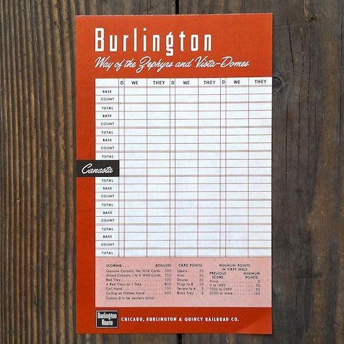 CB&Q BURLINGTON RAILROAD Canasta Game Sheet 1940s
