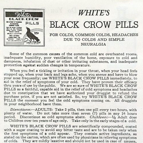 BLACK CROW PILLS Pharmacy Leaflet 1920s