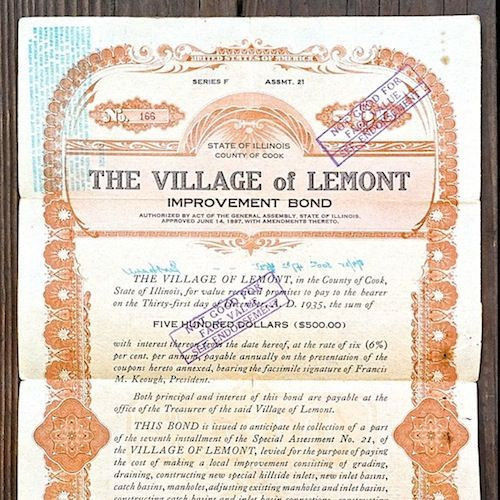 2 Vintage Original LEMONT VILLAGE ILLINOIS Bond 1920s Used Old Bank Note