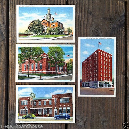 RED BRICK BUILDINGS Linen Postcards 1930s